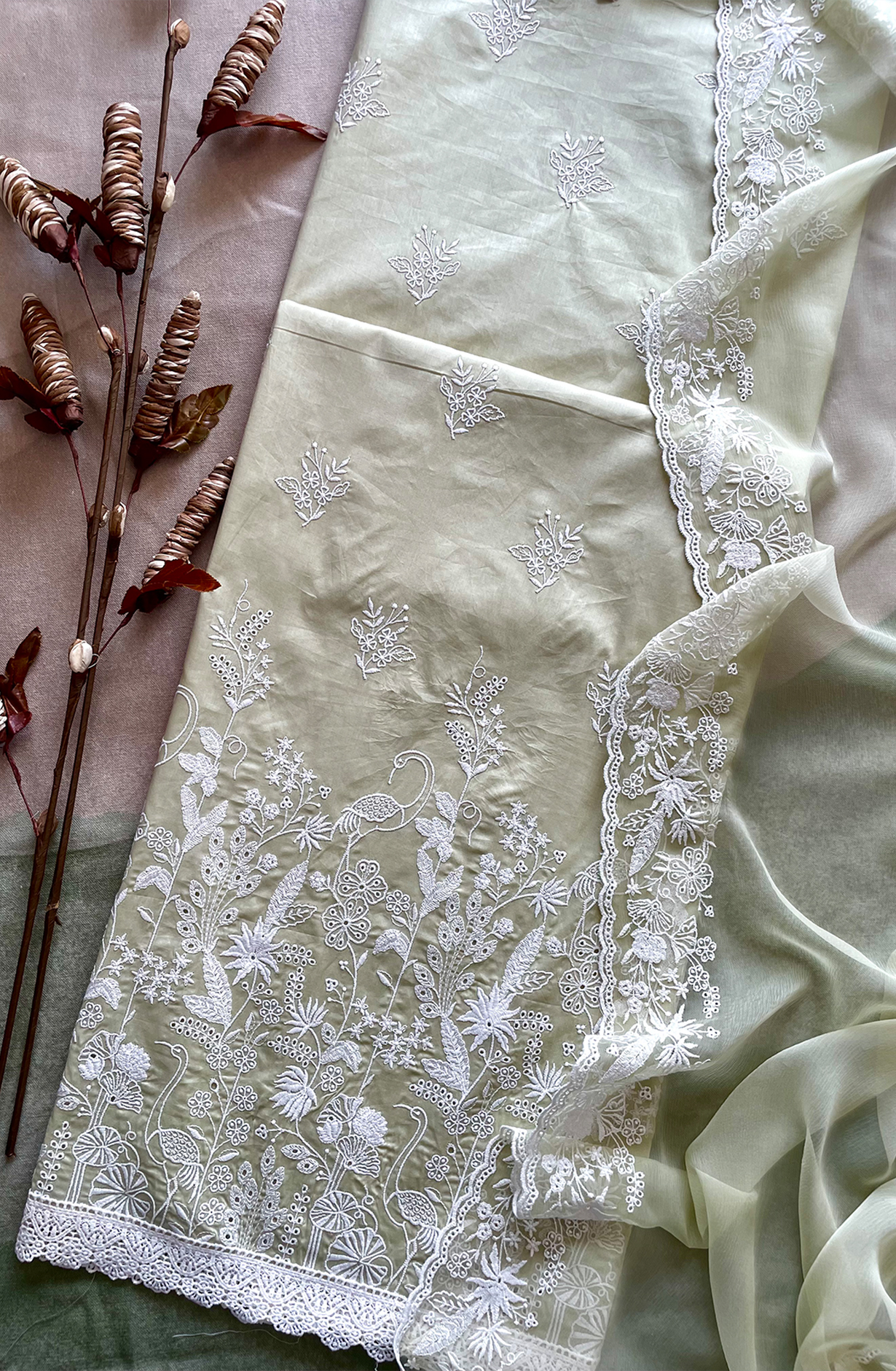 Pista Green Exclusive Cotton Unstitched Embroidered Salwar Kameez with Chiffon Dupatta - SHI2250B