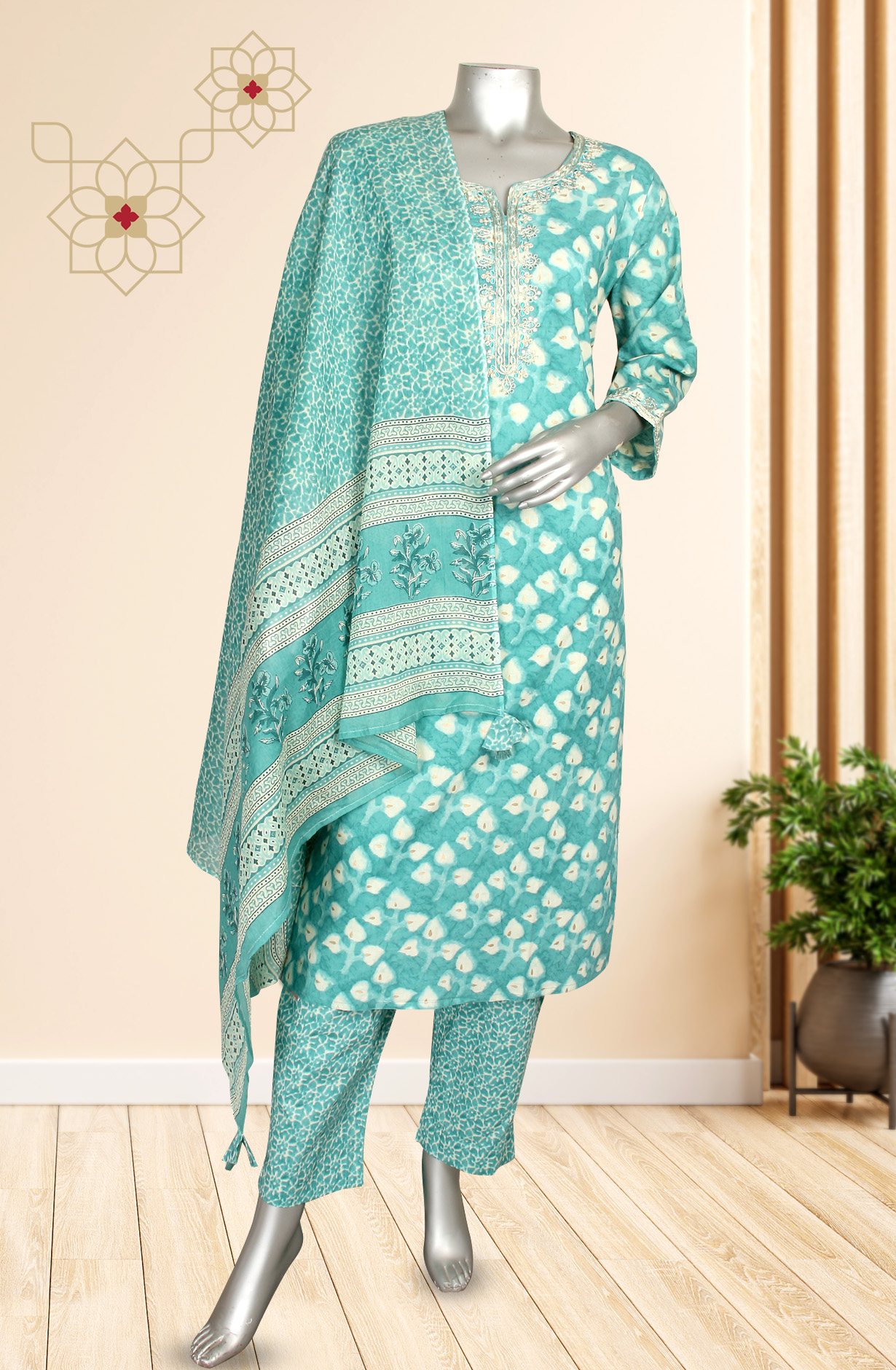 Ready-to-Wear Firozi Cotton Kurti Pant Set with Dupatta - SHTLTR2238A