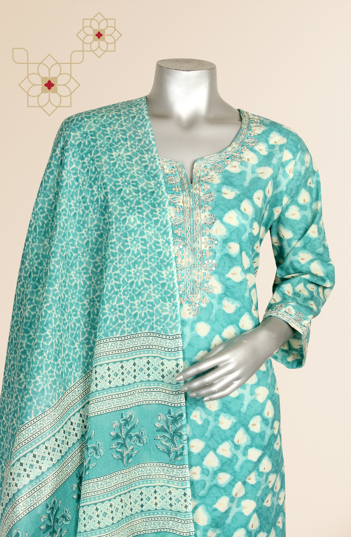 Ready-to-Wear Firozi Cotton Kurti Pant Set with Dupatta - SHTLTR2238A