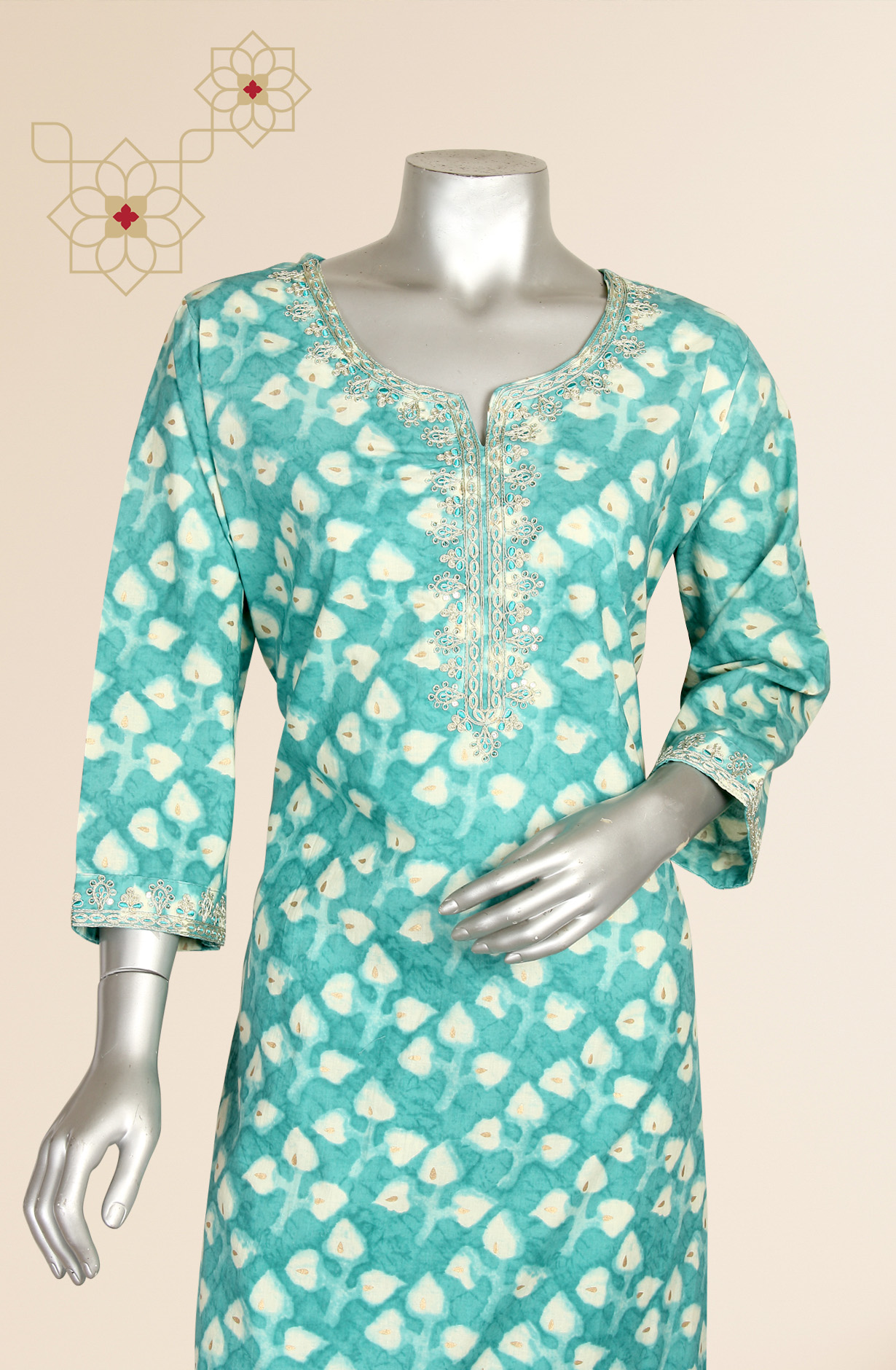 Ready-to-Wear Firozi Cotton Kurti Pant Set with Dupatta - SHTLTR2238A