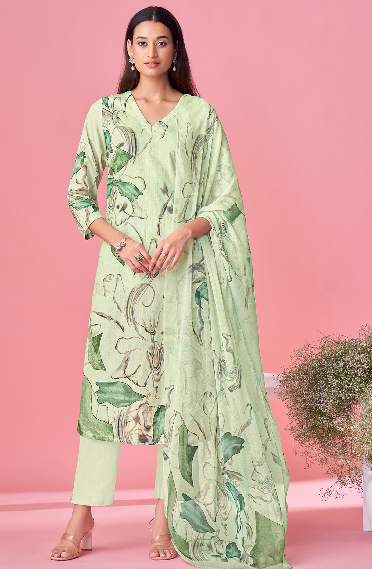 Green Cotton Lawn Suit Set Digital Print With Hand Work With Aric Cotton Digital Printed - SHU345