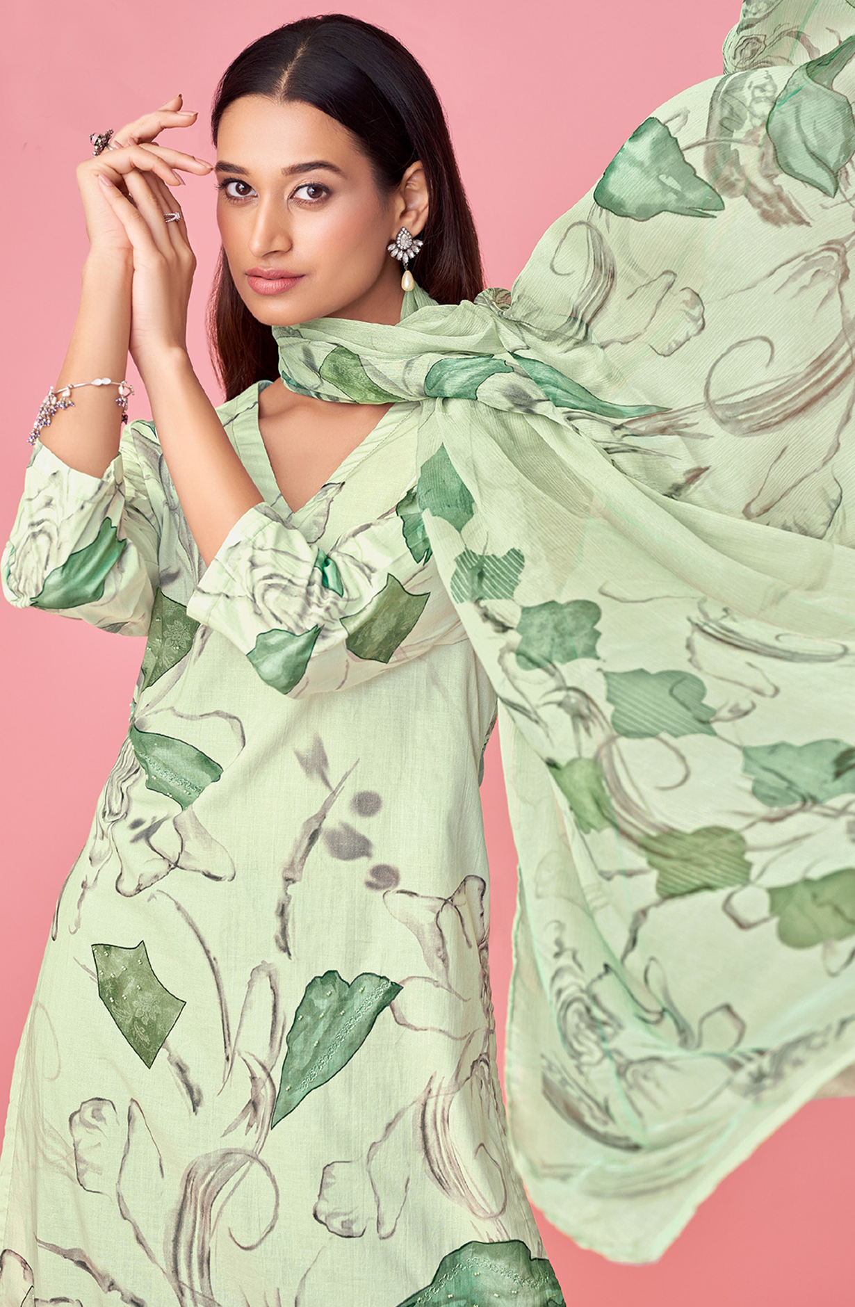 Green Cotton Lawn Suit Set Digital Print With Hand Work With Aric Cotton Digital Printed - SHU345