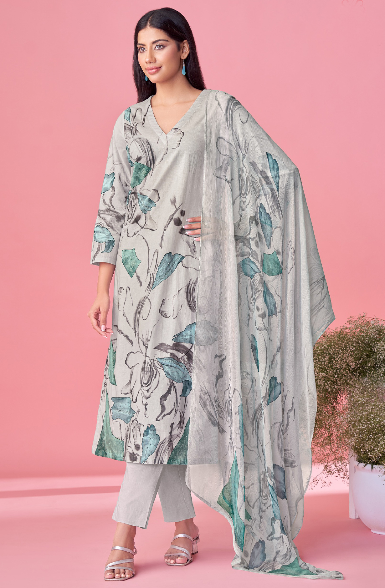 Grey Cotton Lawn Suit Set Digital Print With Hand Work With Aric Cotton Digital Printed - SHU362