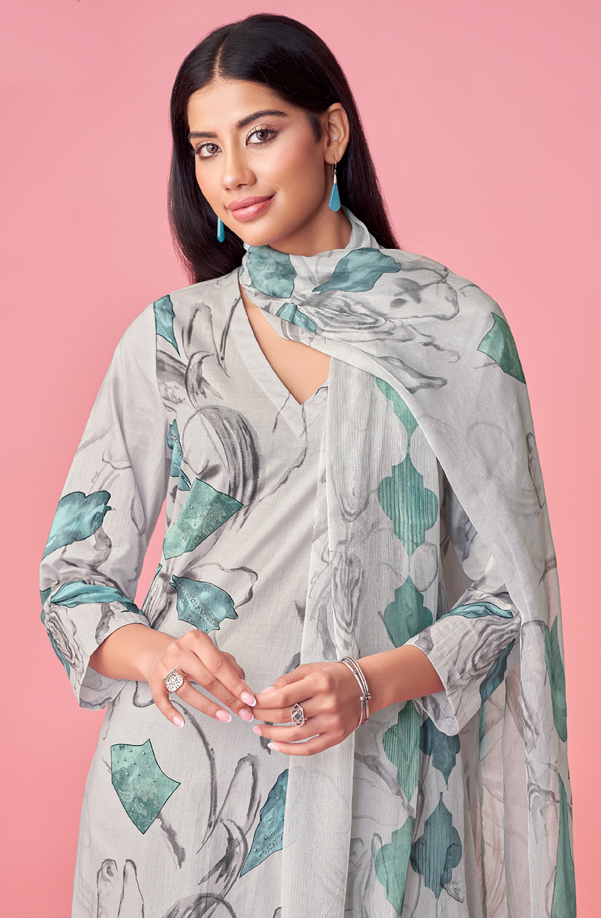 Grey Cotton Lawn Suit Set Digital Print With Hand Work With Aric Cotton Digital Printed - SHU362