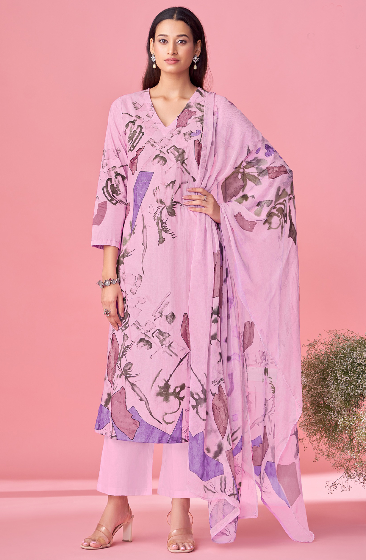 Pink Cotton Lawn Suit Set Digital Print With Hand Work With Aric Cotton Digital Printed - SHU389