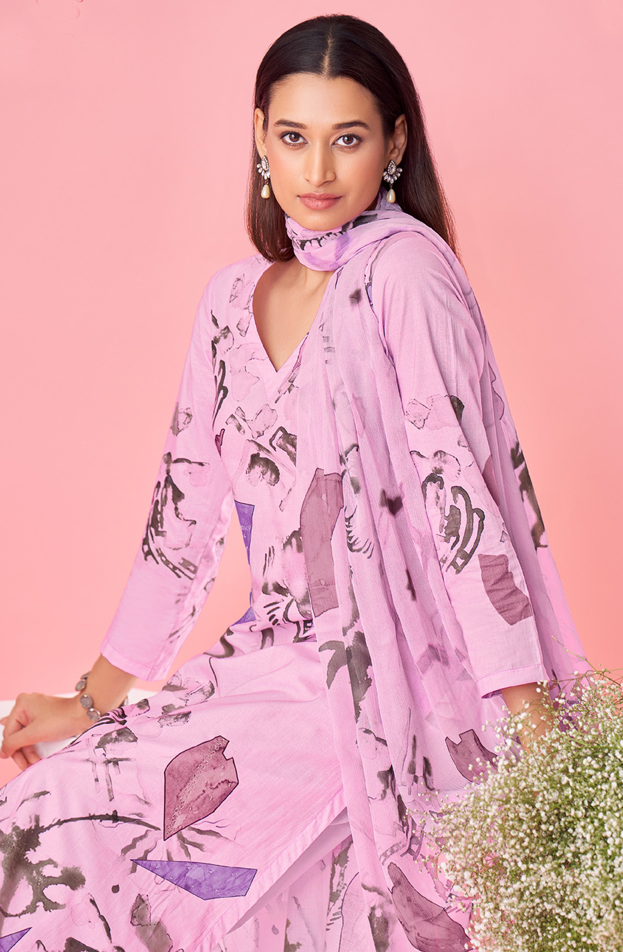 Pink Cotton Lawn Suit Set Digital Print With Hand Work With Aric Cotton Digital Printed - SHU389
