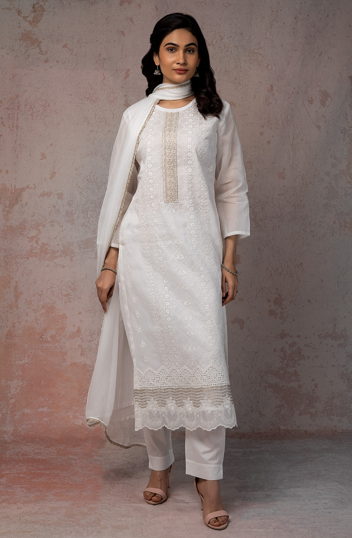 White Organdy Cotton Chikankari Embroidered Suit with Chiffon Dupatta - SHW1846
