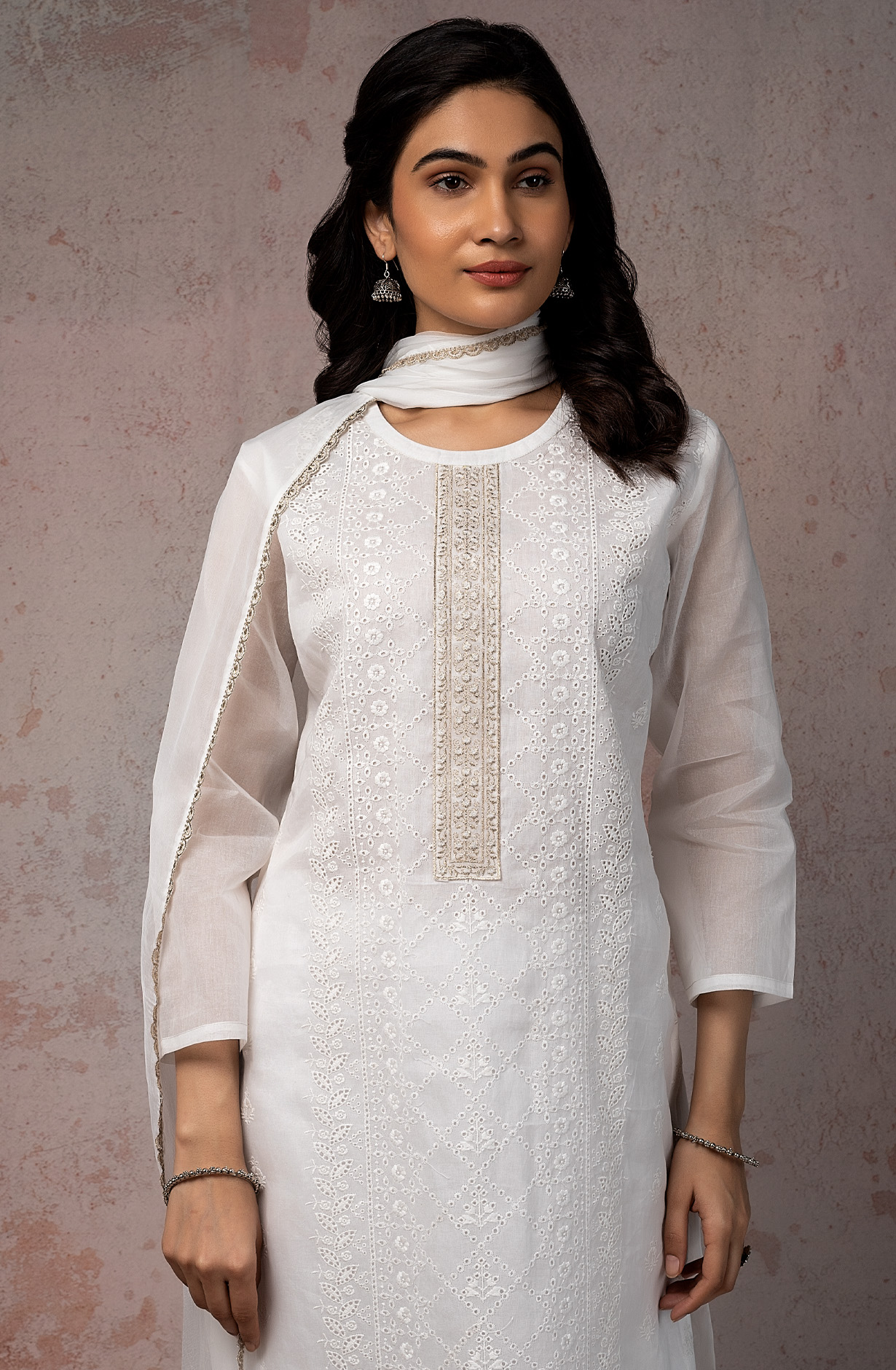 White Organdy Cotton Chikankari Embroidered Suit with Chiffon Dupatta - SHW1846