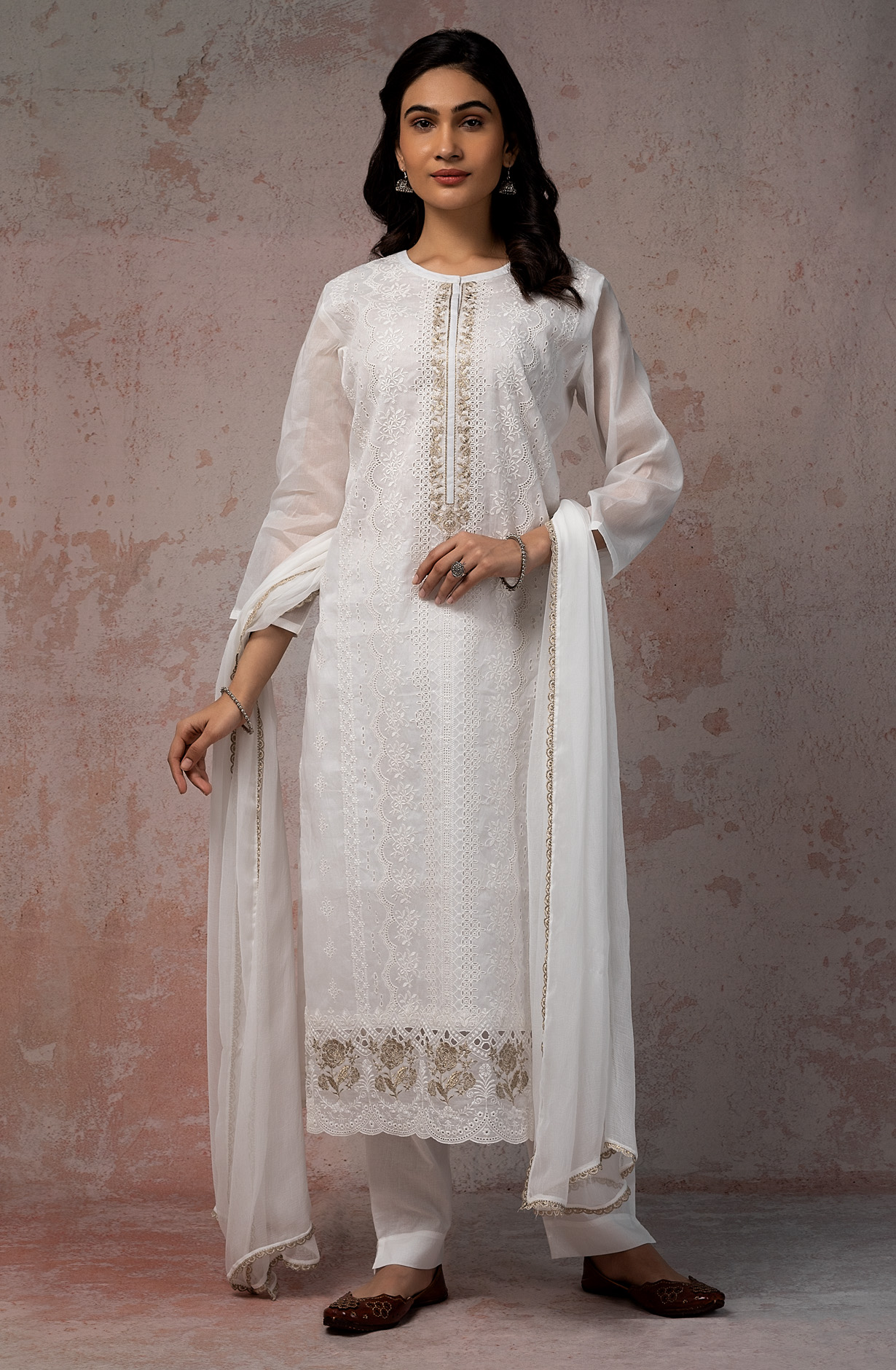 White Organdy Cotton Chikankari Embroidered Suit with Chiffon Dupatta - SHW1847
