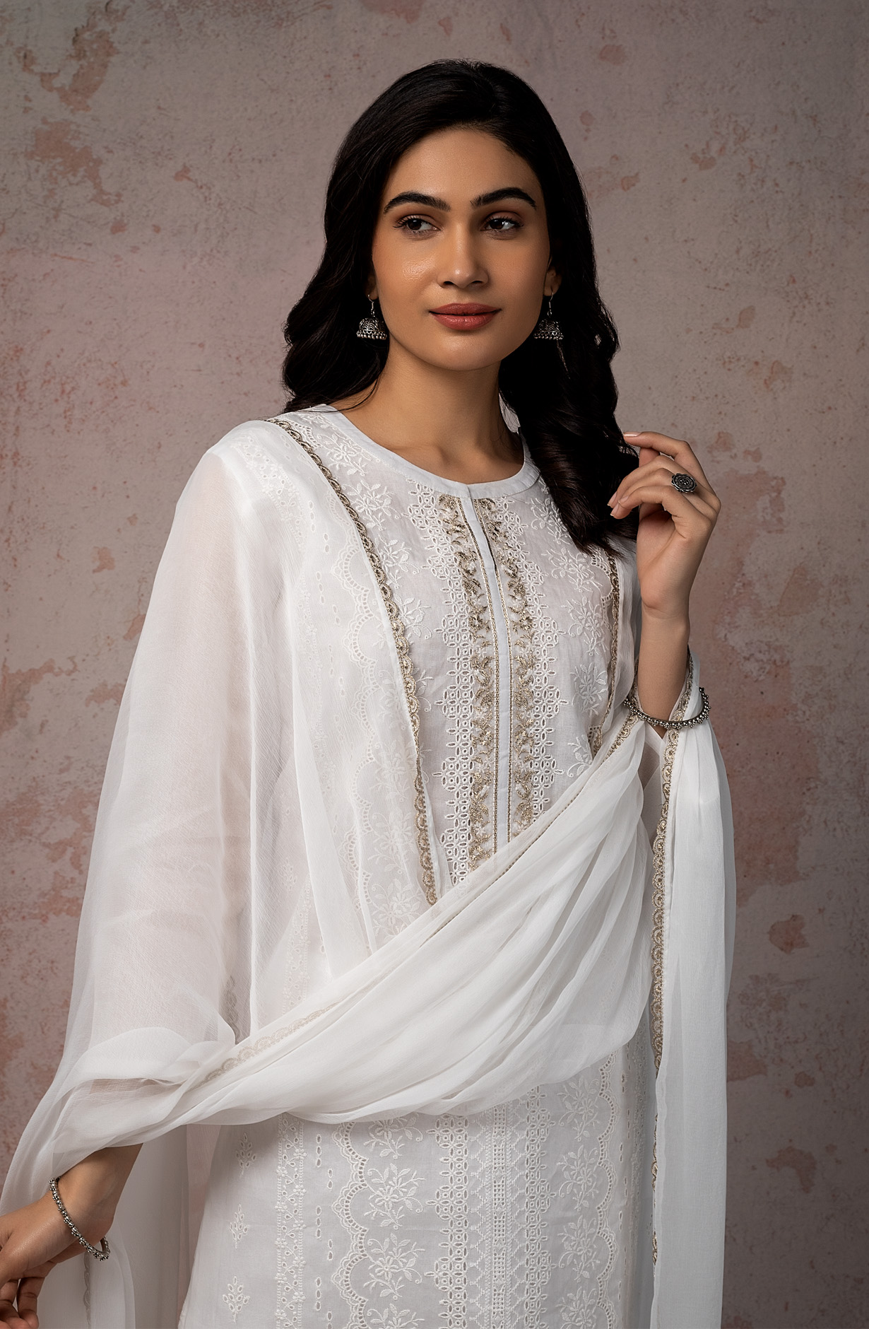 White Organdy Cotton Chikankari Embroidered Suit with Chiffon Dupatta - SHW1847