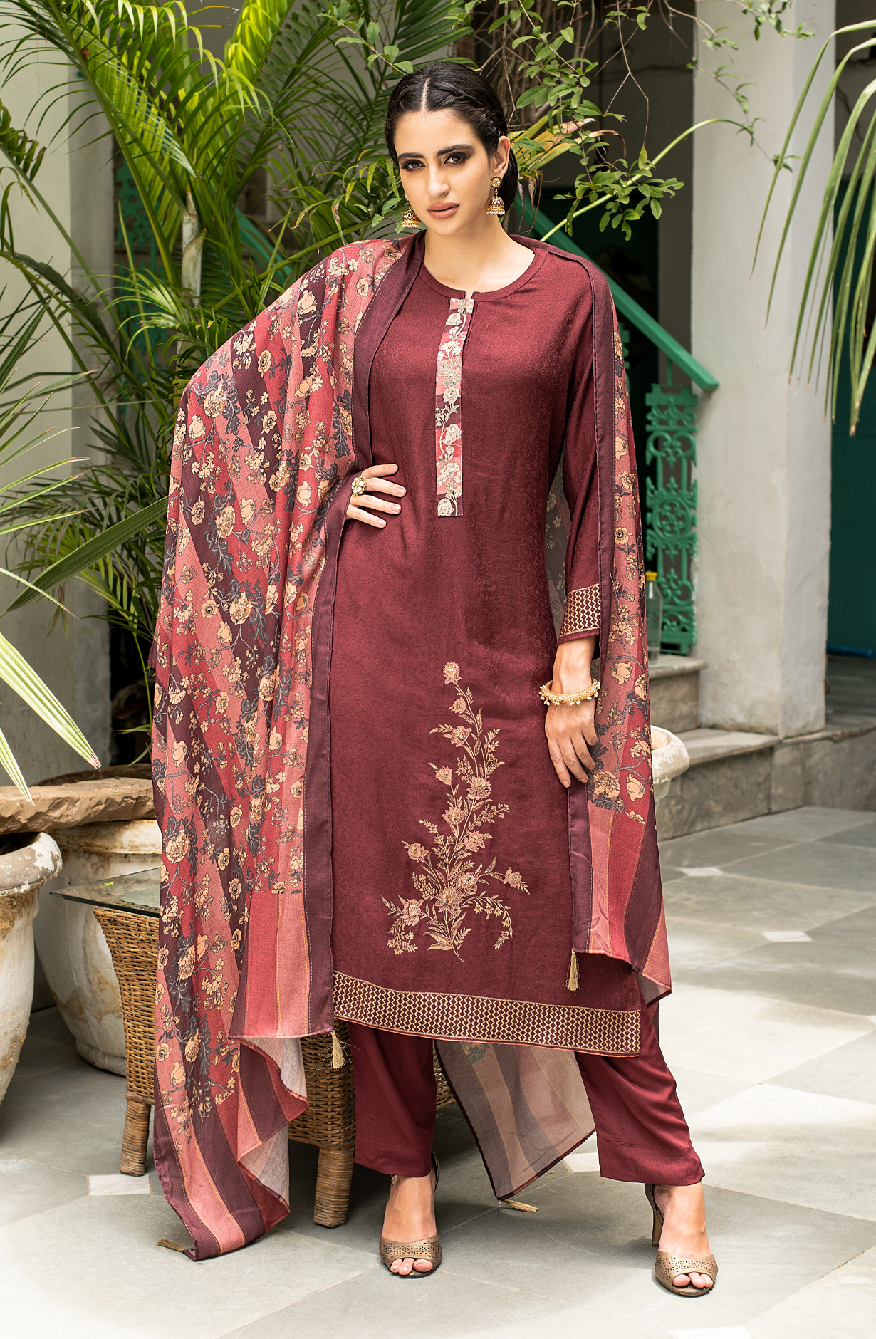 Maroon Pashmina Winter Unstitched Salwar Kameez - SIL1625