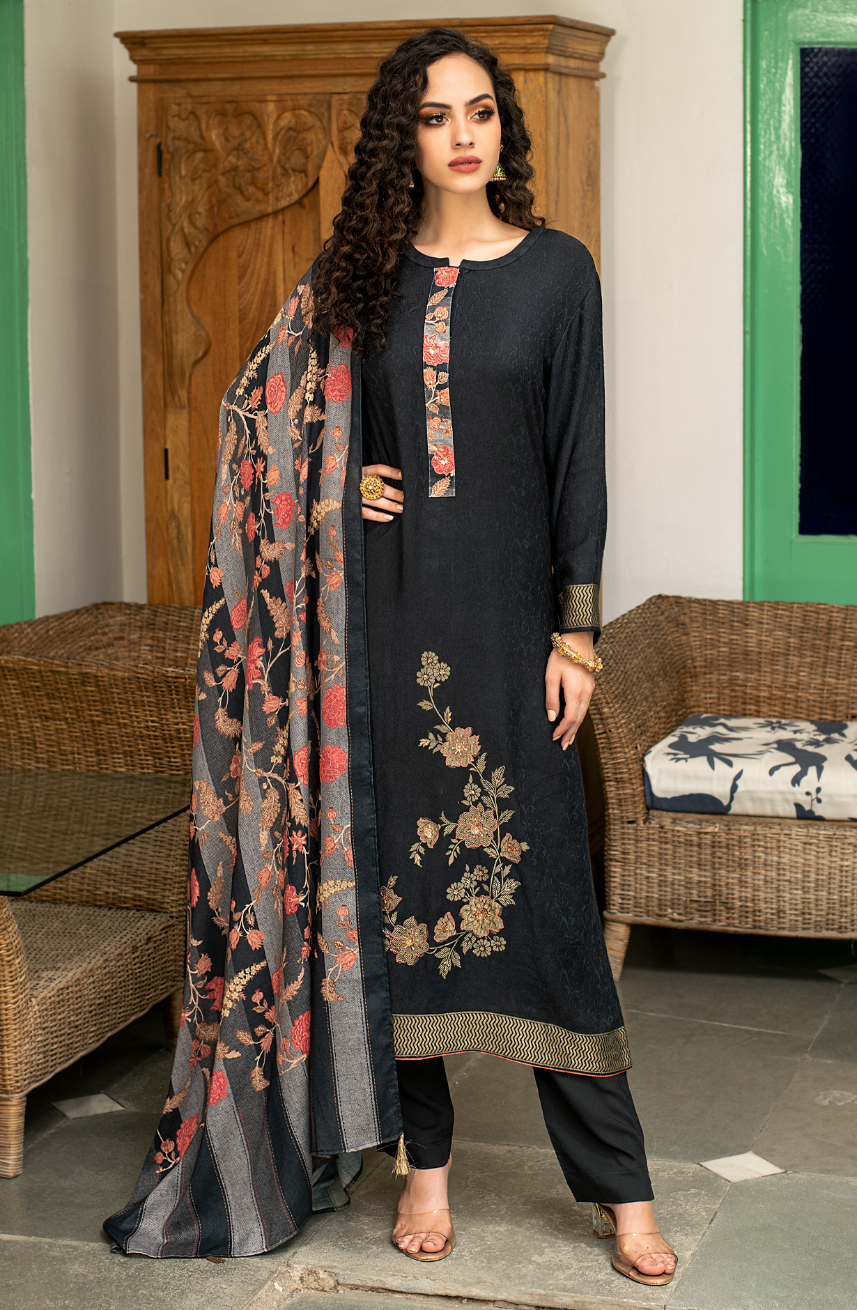 Black Pashmina Winter Unstitched Salwar Kameez - SIL1626