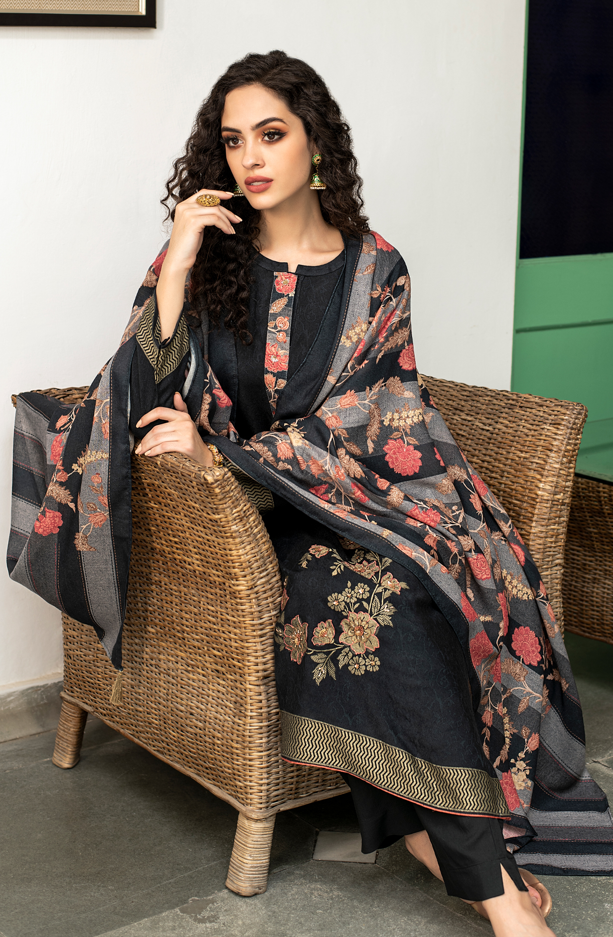 Black Pashmina Winter Unstitched Salwar Kameez - SIL1626