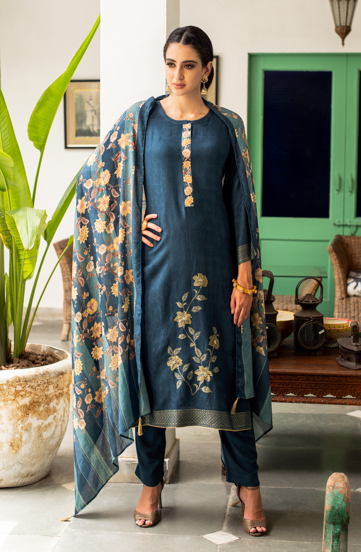 Teal Pashmina Winter Unstitched Salwar Kameez - SIL1627