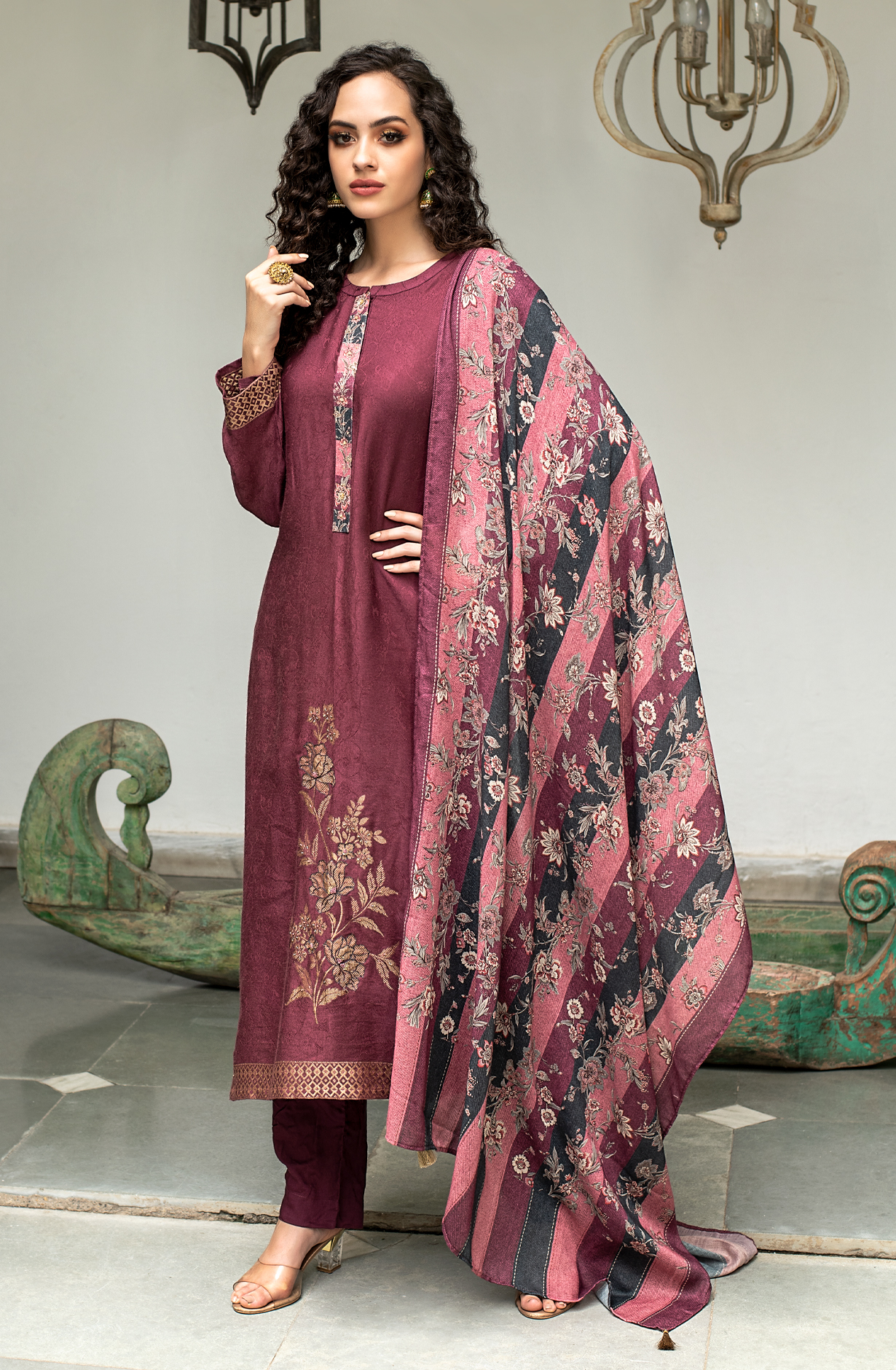 Magenta Pashmina Winter Unstitched Salwar Kameez - SIL1628