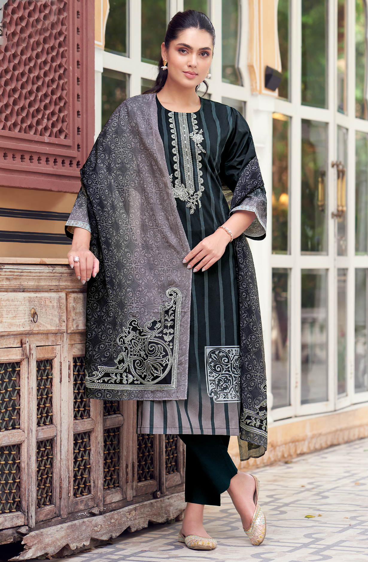 Black Cotton Digital Printed Unstitched Salwar Suit with Lace Work - SIT1934