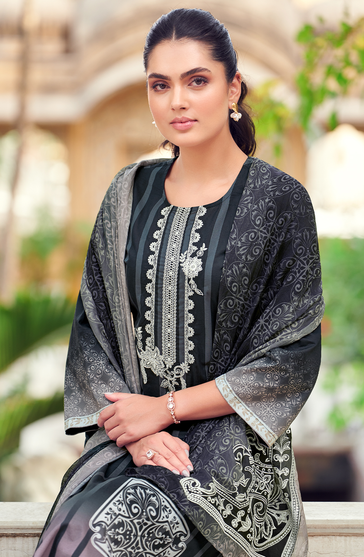 Black Cotton Digital Printed Unstitched Salwar Suit with Lace Work - SIT1934