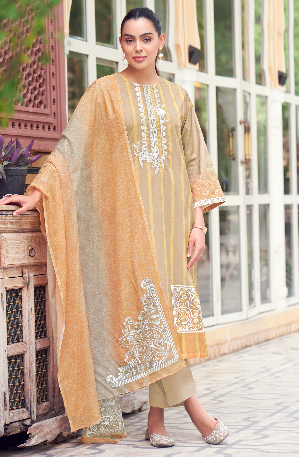 Beige Cotton Digital Printed Unstitched Salwar Suit with Lace Work - SIT1949