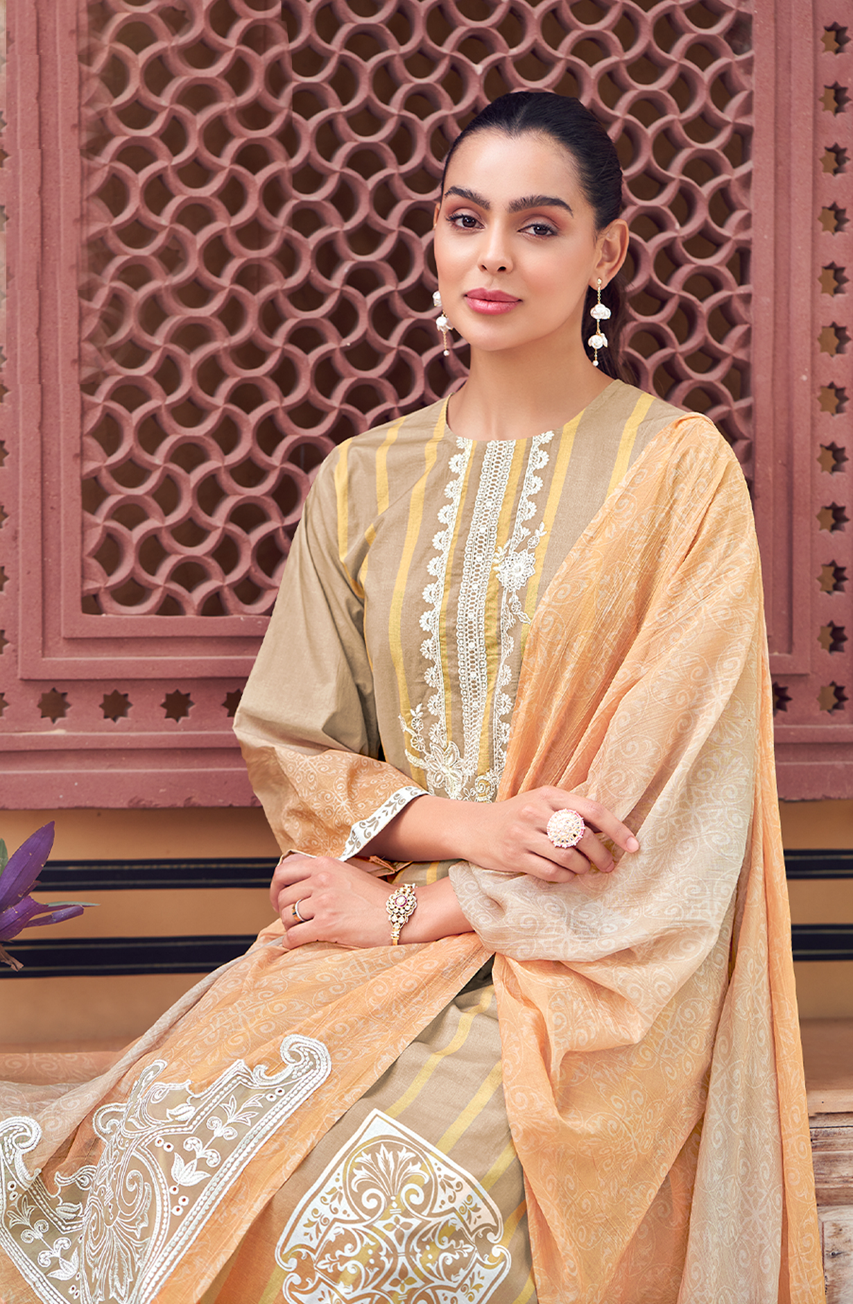 Beige Cotton Digital Printed Unstitched Salwar Suit with Lace Work - SIT1949