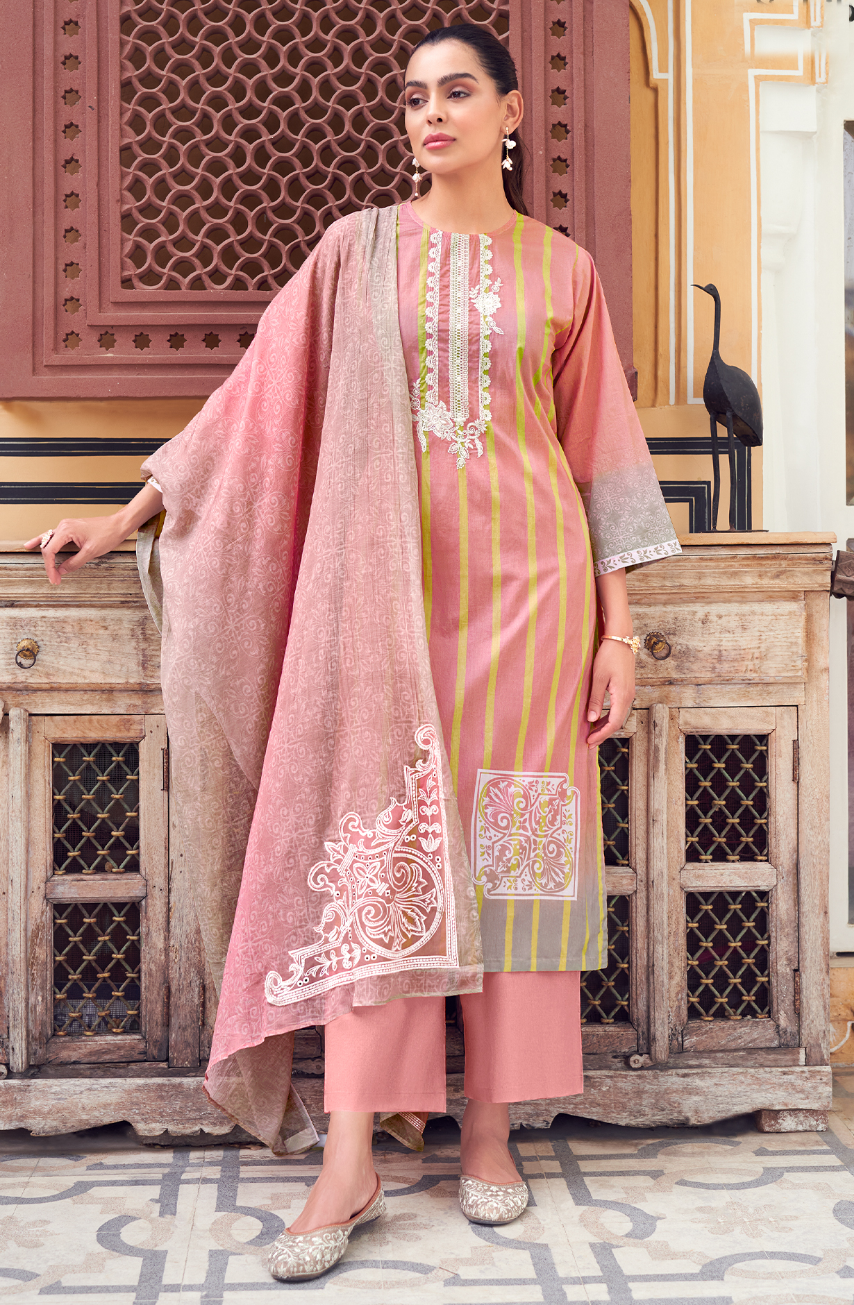 Peach Cotton Digital Printed Unstitched Salwar Suit with Lace Work - SIT1959