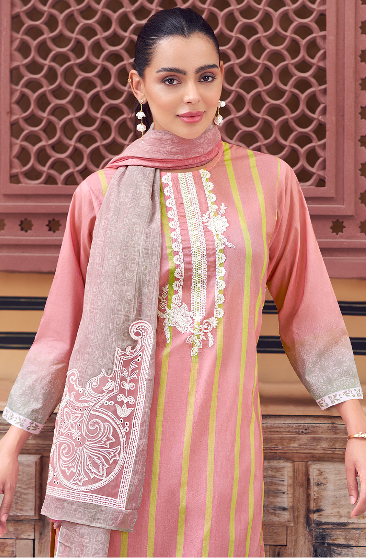 Peach Cotton Digital Printed Unstitched Salwar Suit with Lace Work - SIT1959