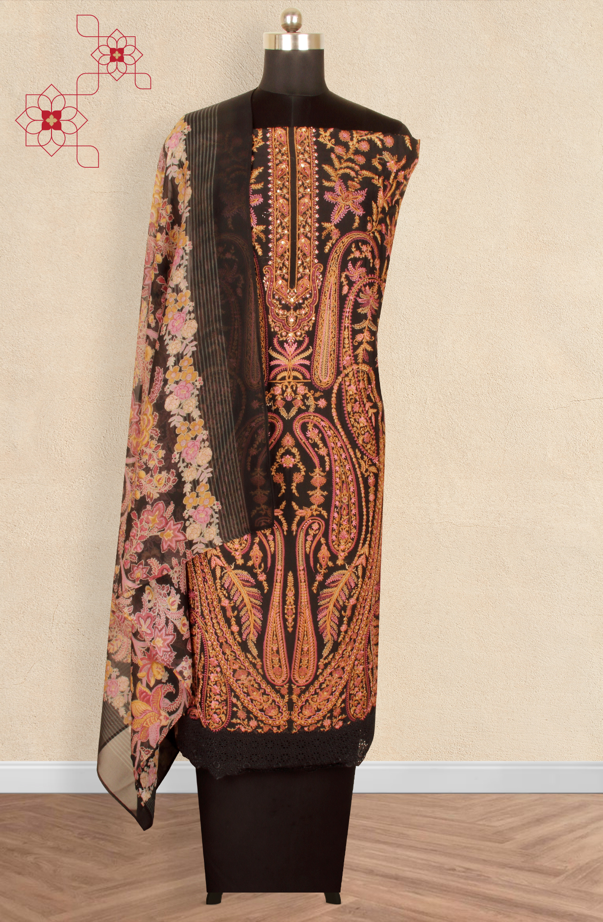 Black Designer Organza Unstitched Salwar Kameez - SMPL-07
