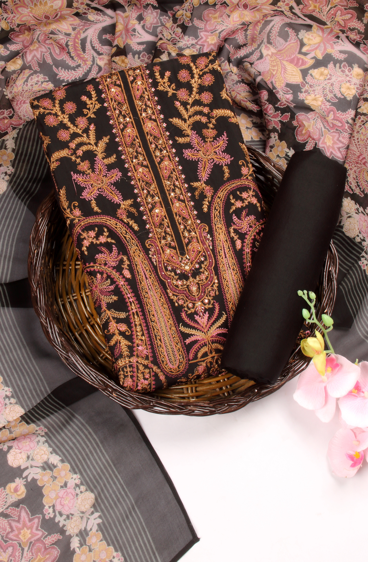 Black Designer Organza Unstitched Salwar Kameez - SMPL-07