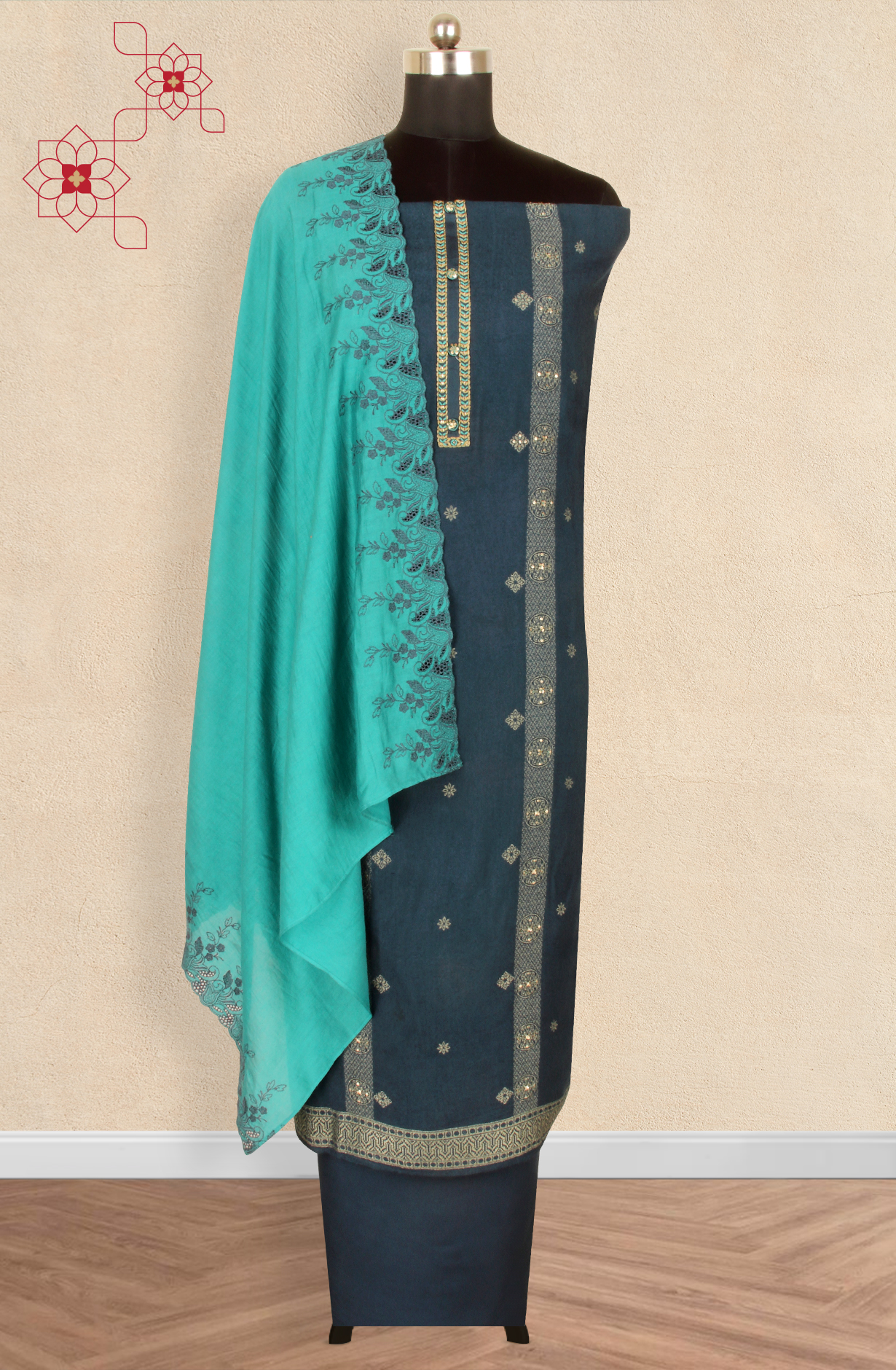 Teal Pashmina Winter Wear Unstitched Salwar Suit - SMPL-12