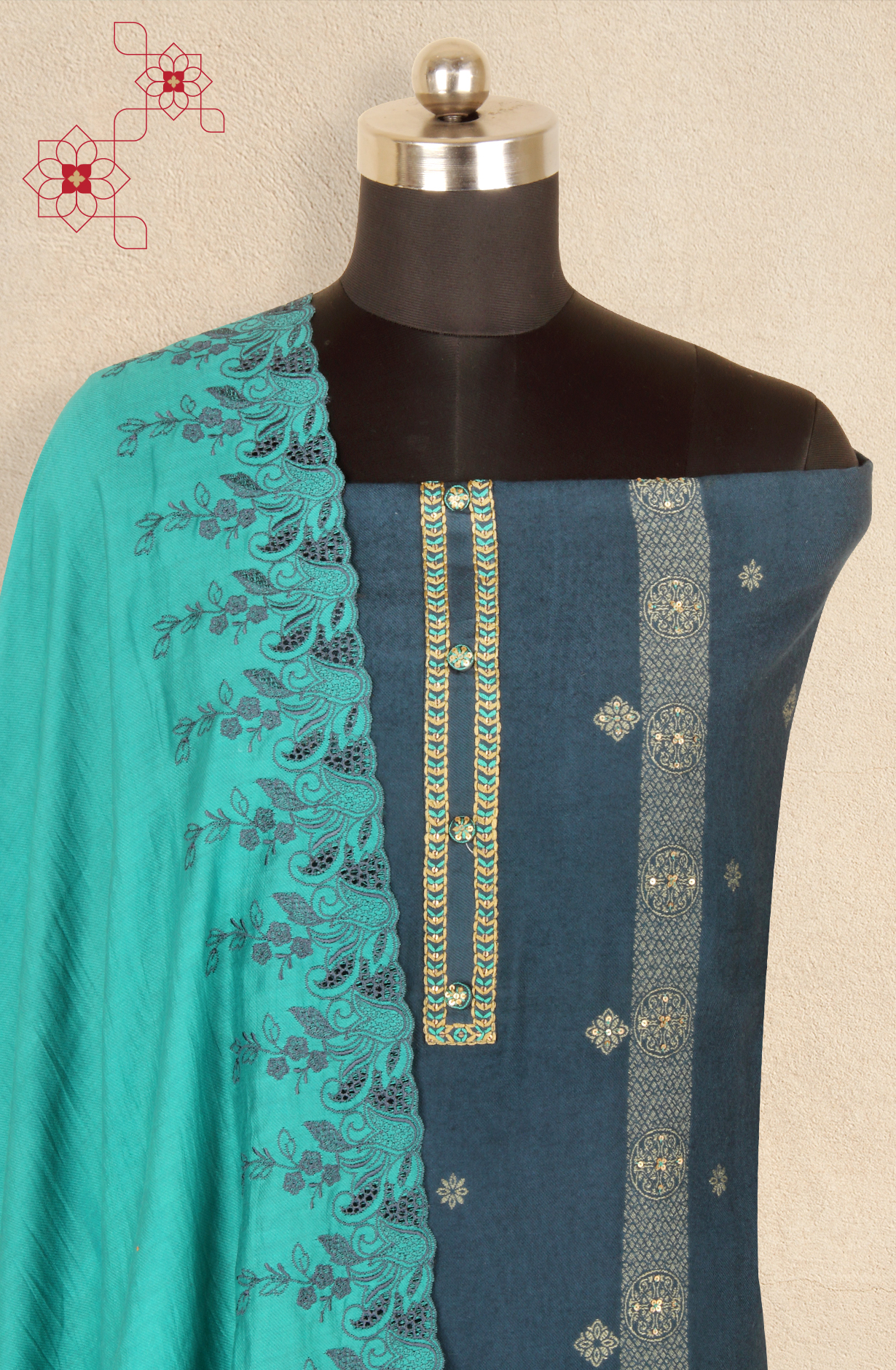 Teal Pashmina Winter Wear Unstitched Salwar Suit - SMPL-12