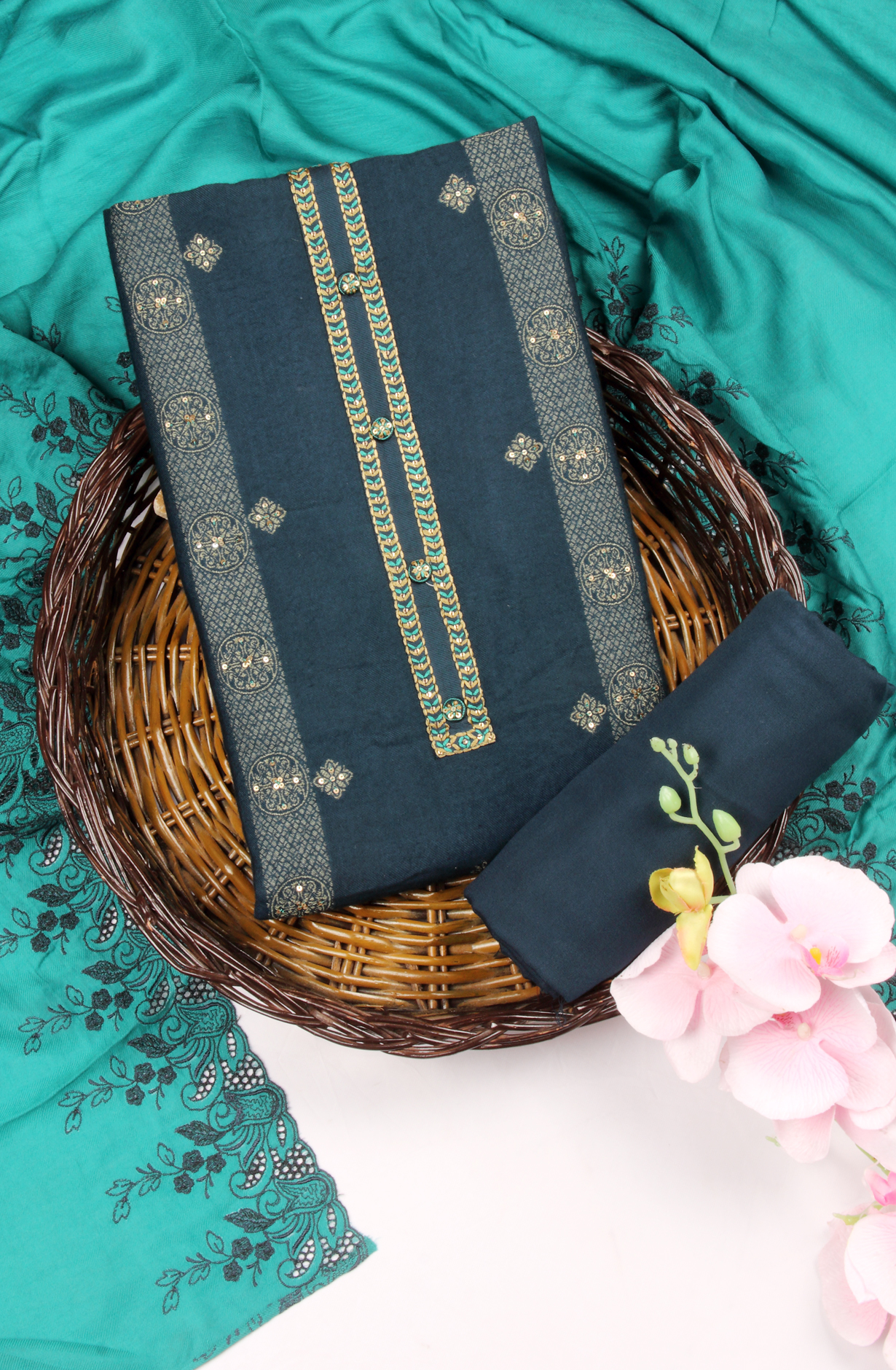 Teal Pashmina Winter Wear Unstitched Salwar Suit - SMPL-12