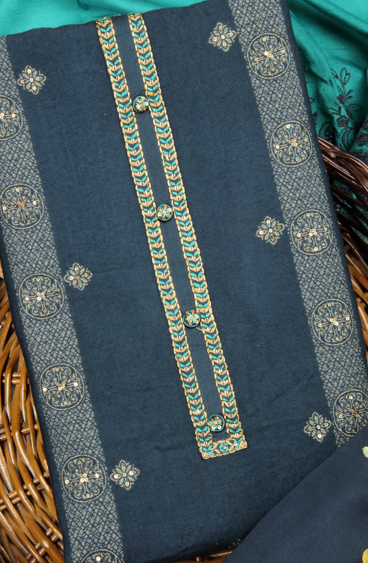 Teal Pashmina Winter Wear Unstitched Salwar Suit - SMPL-12