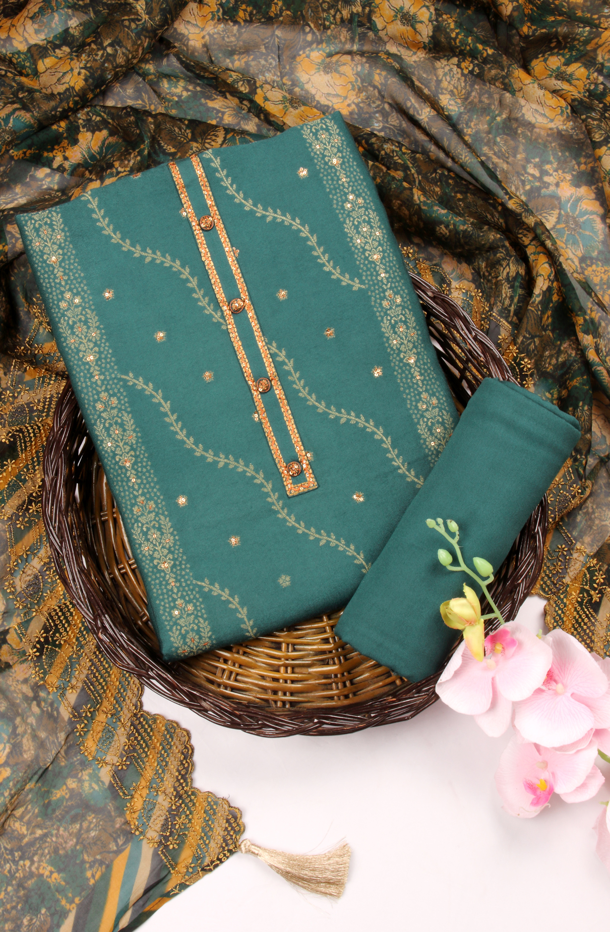 Green Pashmina Winter Wear Unstitched Salwar Suit - SMPL-17