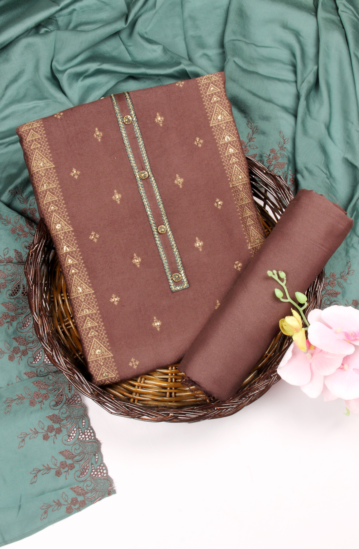 Chocolate Brown Pashmina Winter Wear Unstitched Salwar Suit - SMPL-18