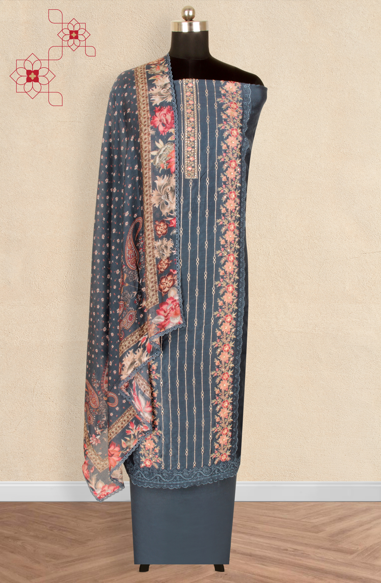 Teal Designer Muslin Unstitched Salwar Kameez - SMPL-23