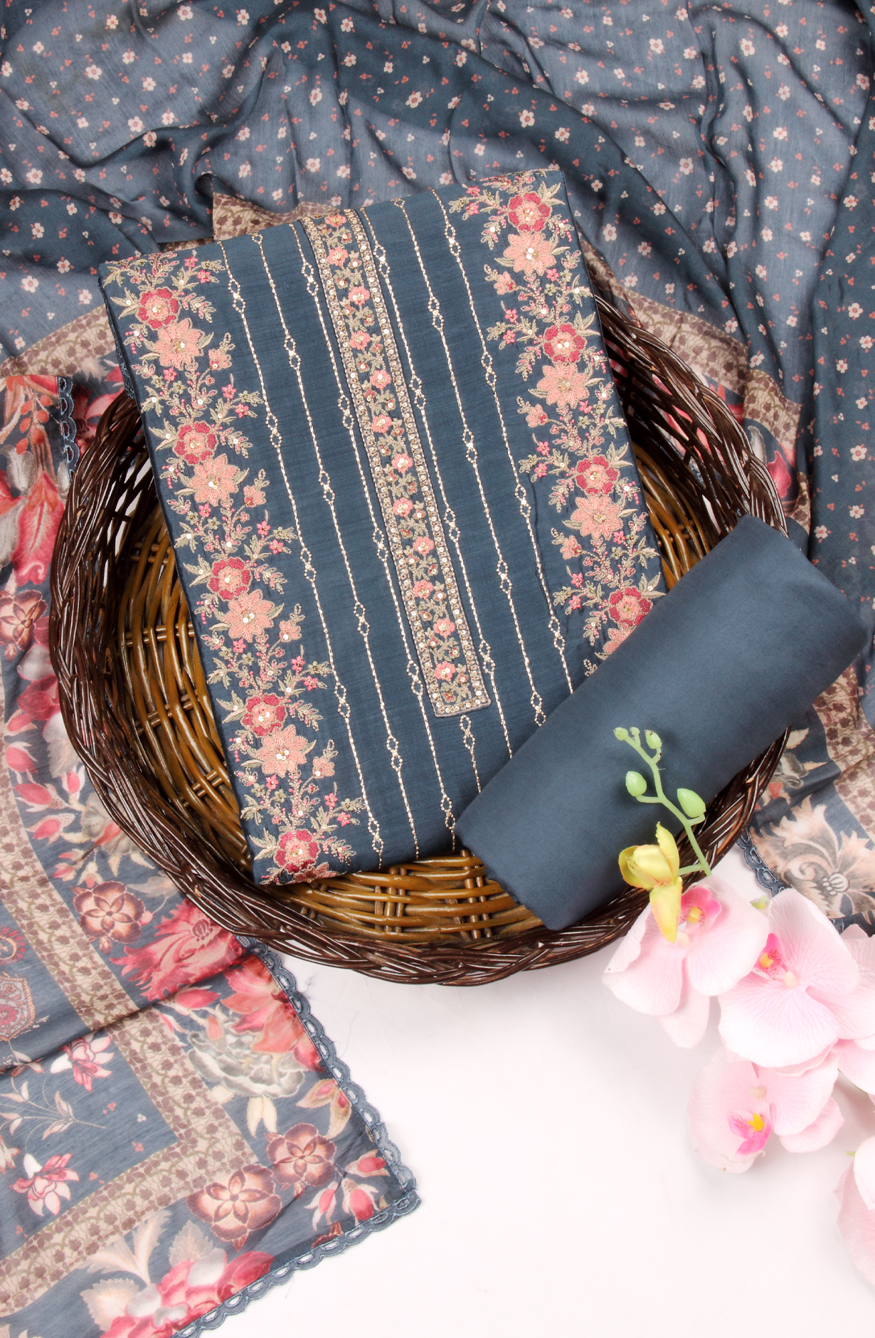 Teal Designer Muslin Unstitched Salwar Kameez - SMPL-23