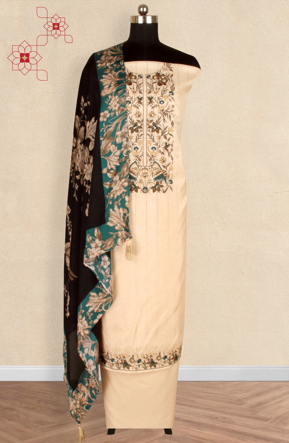 Cream Tussar Silk Winter Wear Unstitched Salwar Suit - SMPL-30