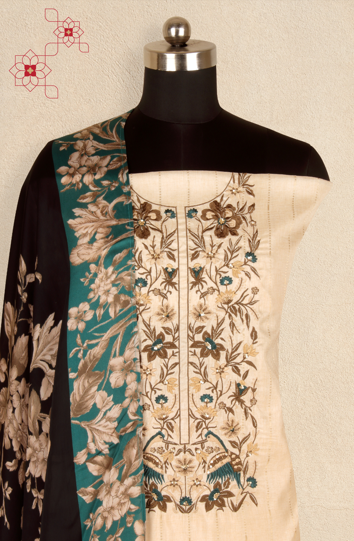 Cream Tussar Silk Winter Wear Unstitched Salwar Suit - SMPL-30