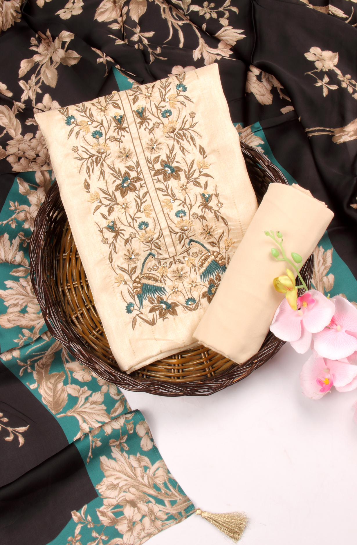 Cream Tussar Silk Winter Wear Unstitched Salwar Suit - SMPL-30