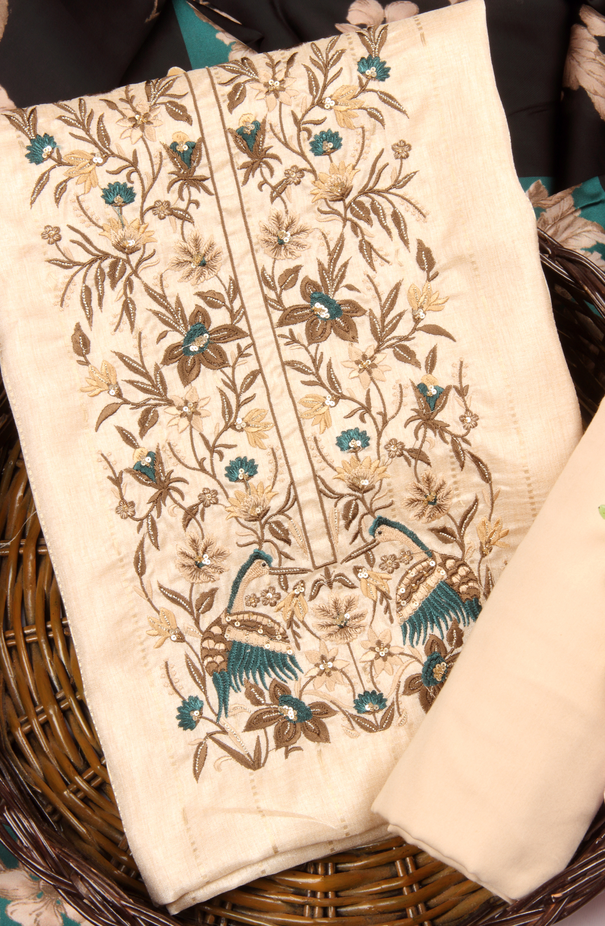 Cream Tussar Silk Winter Wear Unstitched Salwar Suit - SMPL-30