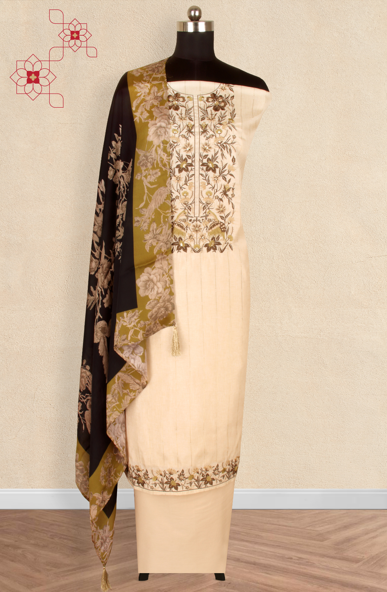 Cream Tussar Silk Winter Wear Unstitched Salwar Suit - SMPL-30A