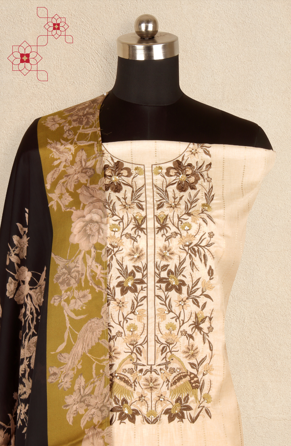 Cream Tussar Silk Winter Wear Unstitched Salwar Suit - SMPL-30A