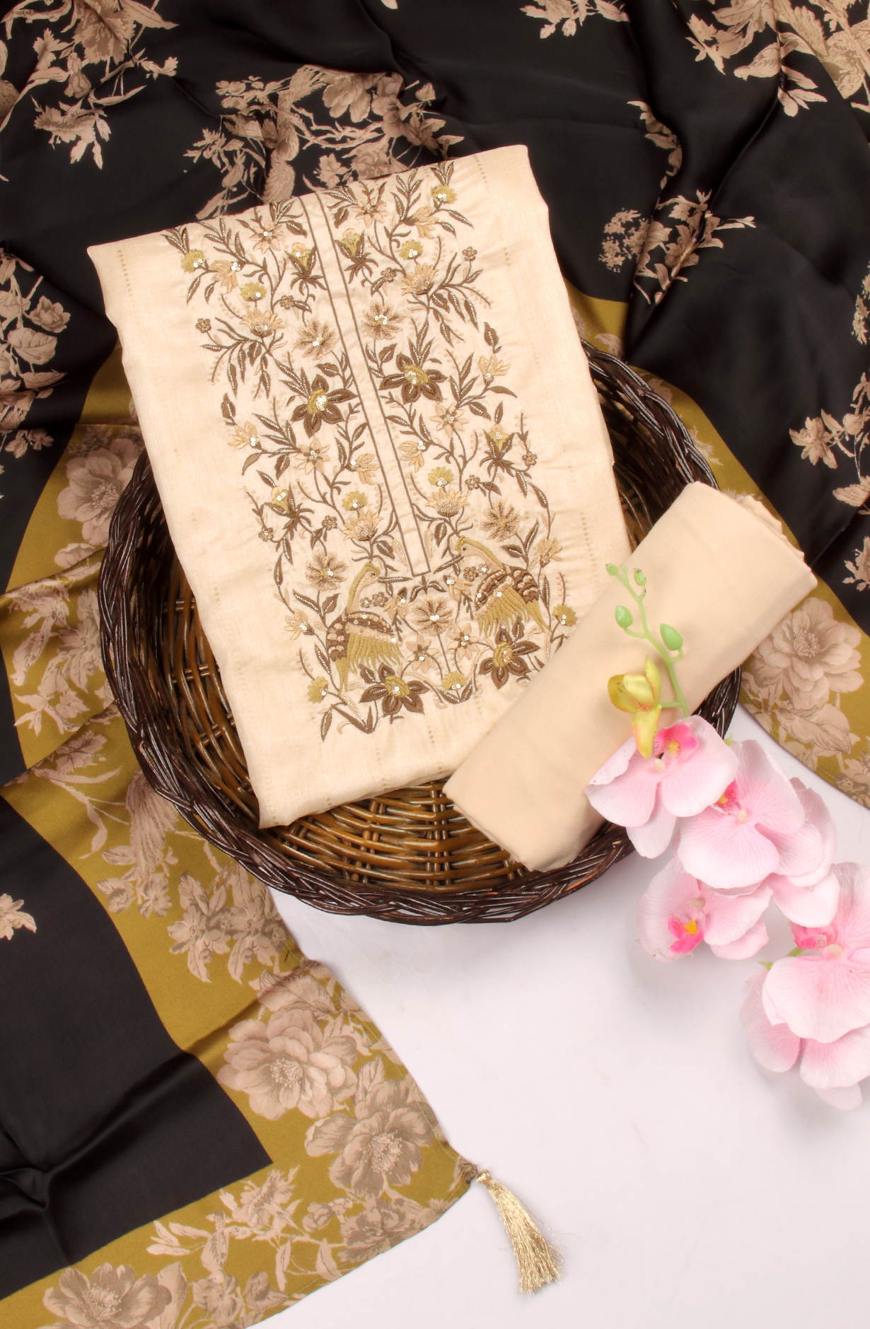 Cream Tussar Silk Winter Wear Unstitched Salwar Suit - SMPL-30A