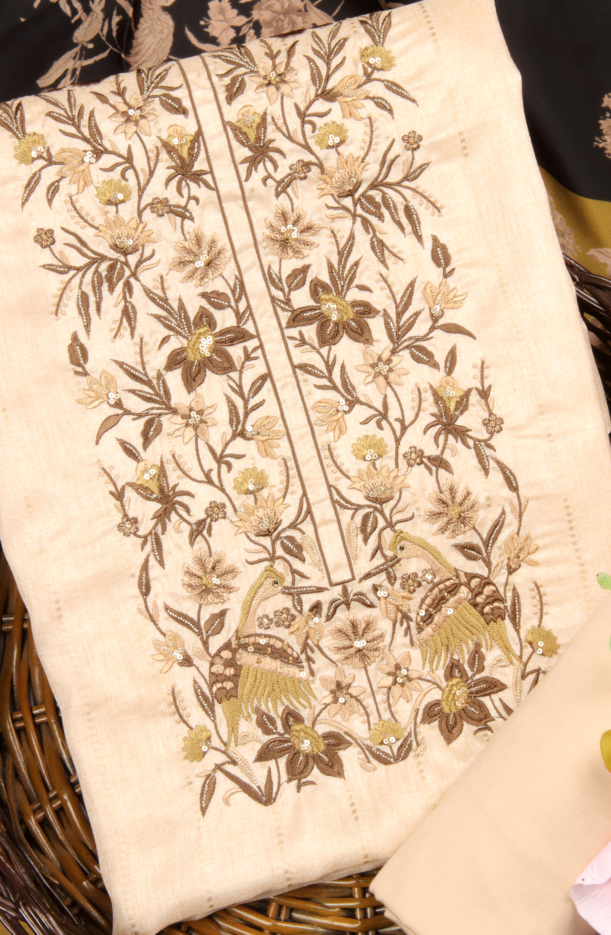 Cream Tussar Silk Winter Wear Unstitched Salwar Suit - SMPL-30A