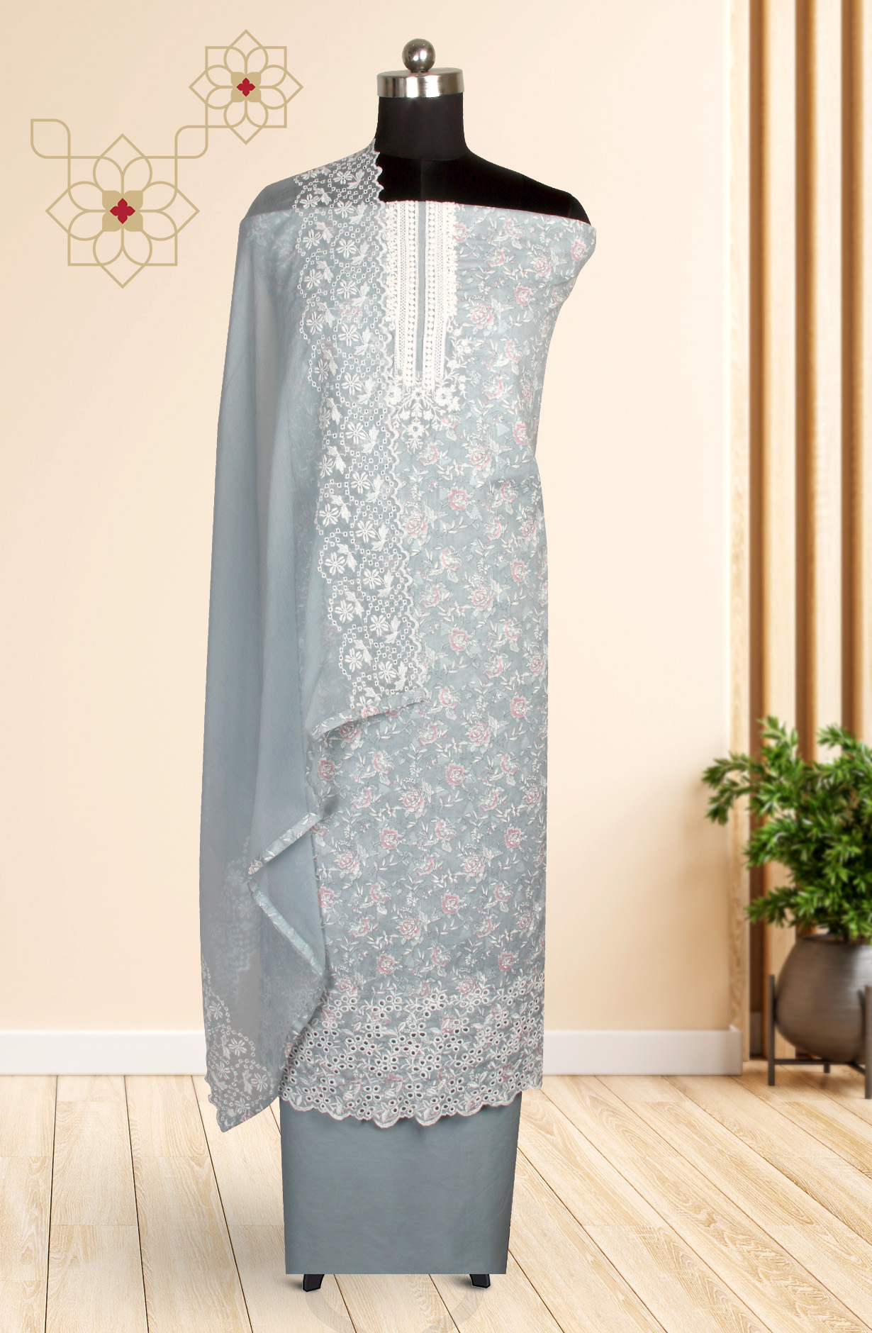 Grey Cotton Digital Printed with Embroidery Suit with Chiffon Dupatta - SOCPIM13A