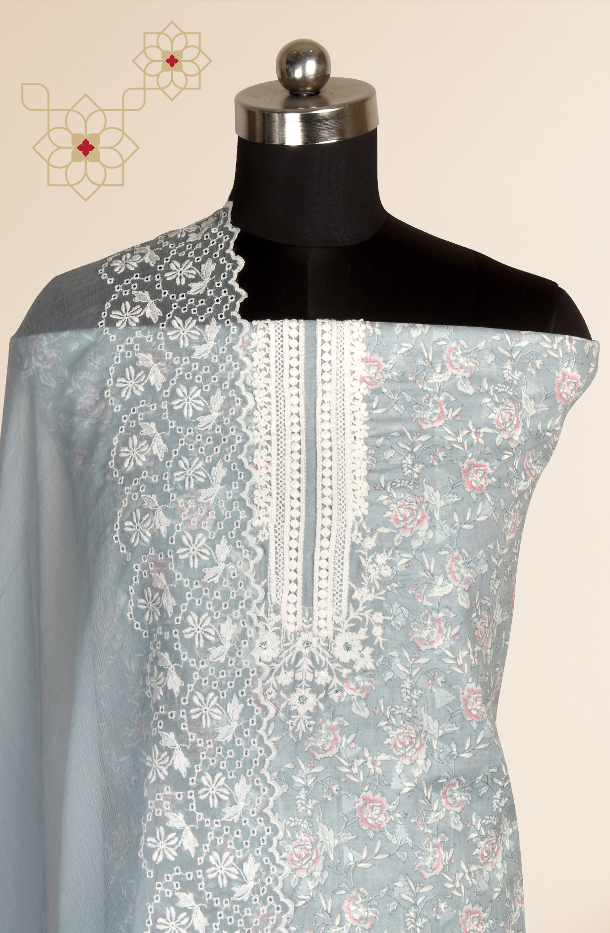 Grey Cotton Digital Printed with Embroidery Suit with Chiffon Dupatta - SOCPIM13A