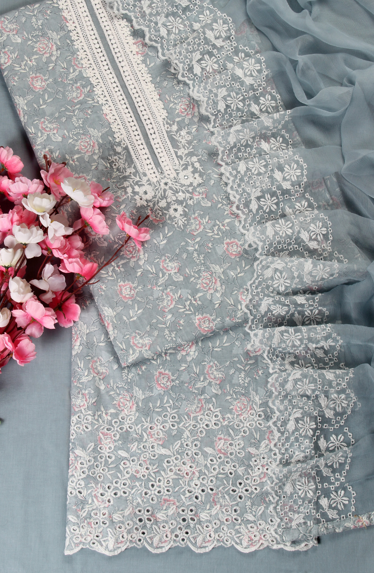 Grey Cotton Digital Printed with Embroidery Suit with Chiffon Dupatta - SOCPIM13A