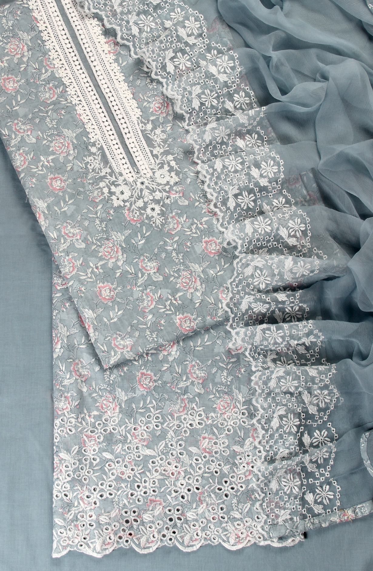 Grey Cotton Digital Printed with Embroidery Suit with Chiffon Dupatta - SOCPIM13A