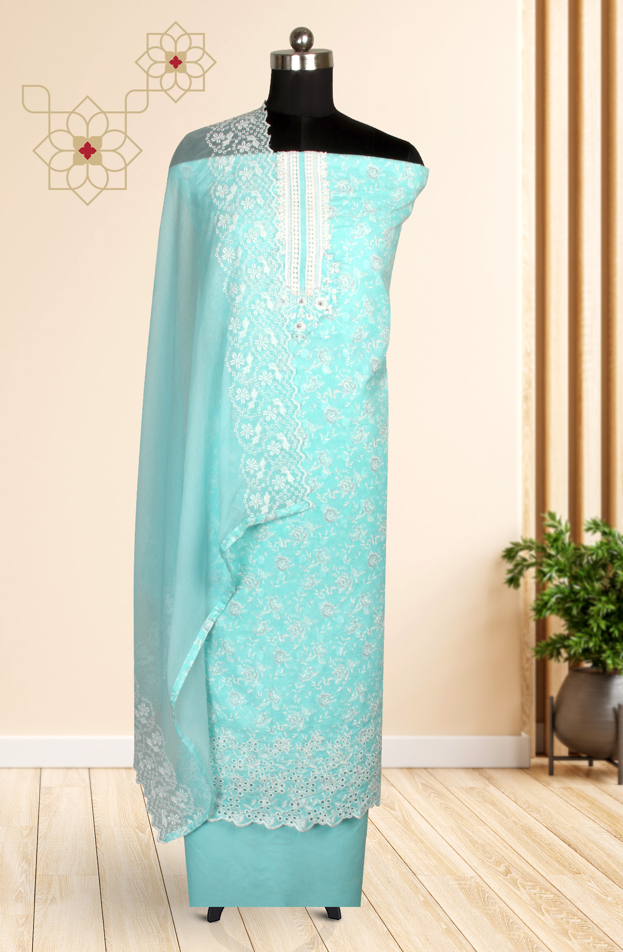 Firozi Cotton Digital Printed with Embroidery Suit with Chiffon Dupatta - SOCPIM13B