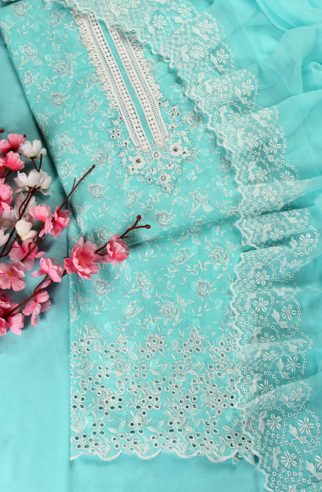 Firozi Cotton Digital Printed with Embroidery Suit with Chiffon Dupatta - SOCPIM13B