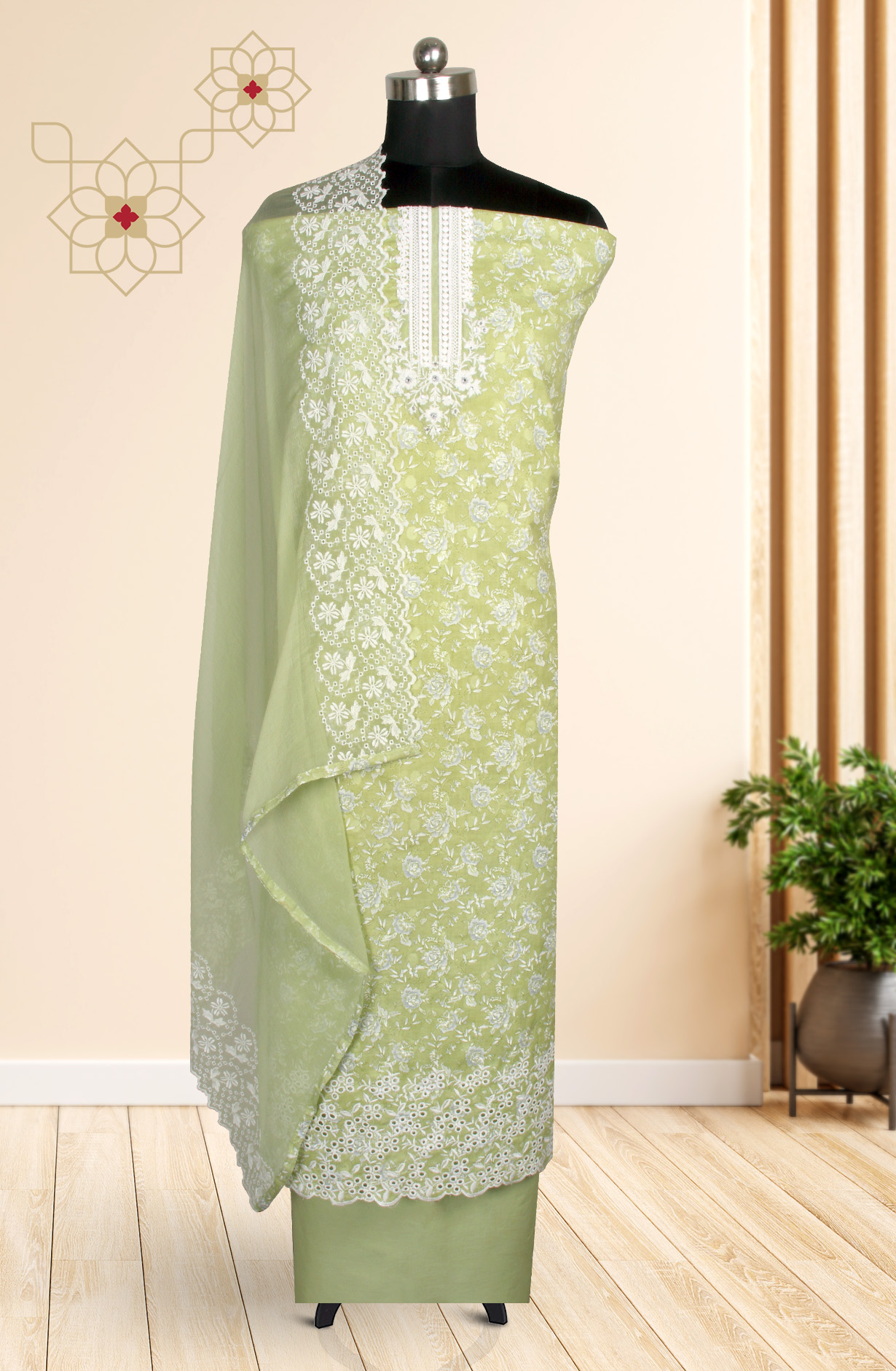 Green Cotton Digital Printed with Embroidery Suit with Chiffon Dupatta - SOCPIM13C